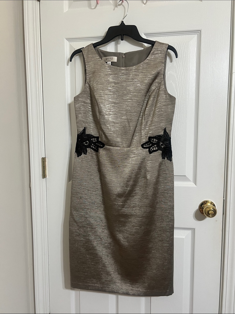 Kasper Metallic Gold Sheath Dress with Black Lace Detail